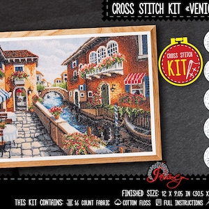 May include: Cross stitch kit featuring a colorful depiction of a canal in Venice, Italy. The kit includes 16 count fabric, cotton floss, full instructions, and a needle. The finished size is 12 x 9.05 inches (30.5 x 23 cm).