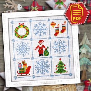 Merry Christmas cross stitch sampler pattern - Winter holidays embroidery design - Christmas ornaments - Instant Download in PDF