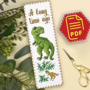 T-Rex dinosaur cross stitch pattern 'Tyrannosaurus' - Modern embroidery design for handmade bookmark - Download in PDF