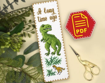 T-Rex dinosaur cross stitch pattern 'Tyrannosaurus' - Modern embroidery design for handmade bookmark - Download in PDF