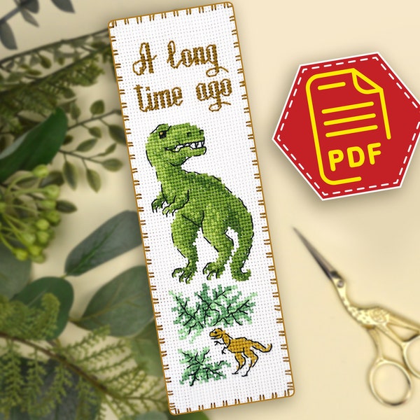 T-Rex dinosaur cross stitch pattern 'Tyrannosaurus' - Modern embroidery design for handmade bookmark - Download in PDF