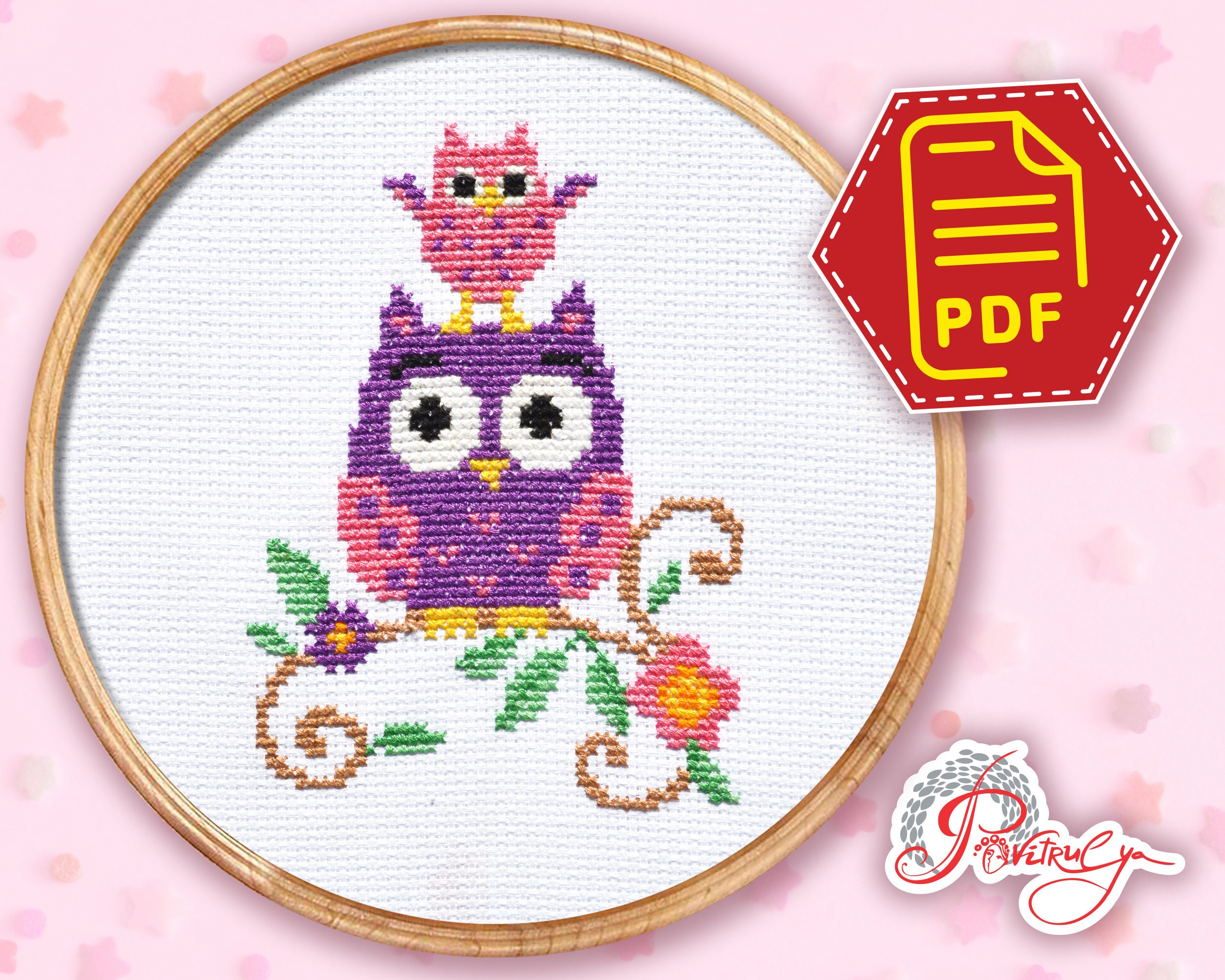 Funny owls cross stitch pattern - Cute birds embroidery design for kids and adults - DIY easy colorf