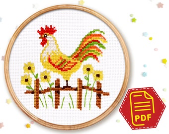 Rooster cross stitch counted pattern "Cockerel", Cute farm animals embroidery design for beginners - Download in PDF