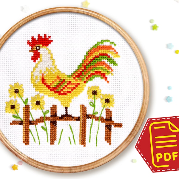 Modèle de broderie coq point de croix « Coq », joli motif de broderie d'animaux de la ferme pour débutants - Télécharger en PDF