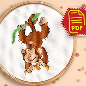 Monkey cross stitch counted pattern, Baby animal embroidery design for nursery decor - Instant Download chart in PDF