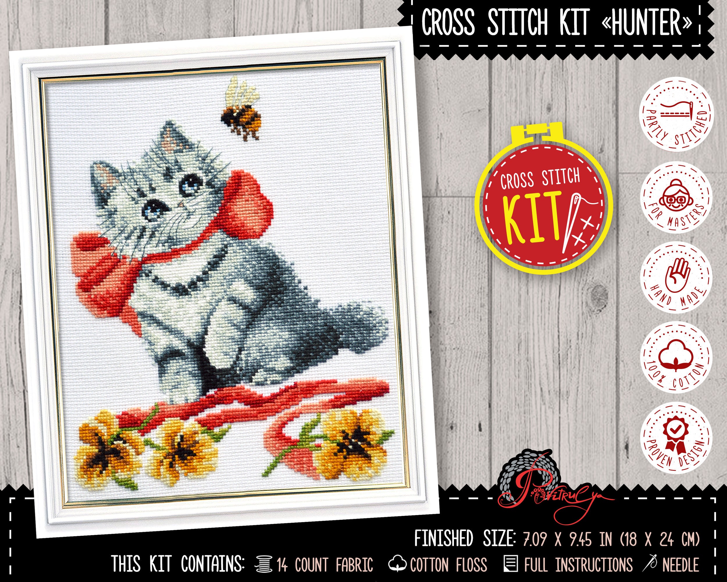 Kitten cross stitch kit, Animal embroidery kit "Hunter" counted pattern included - DIY cat lover gift