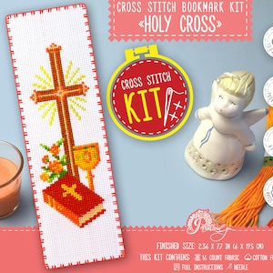 Holy Cross cross stitch kit - Religious bookmark embroidery kit with counted pattern Cross and Holy Bible - Do It Yourself Church gift