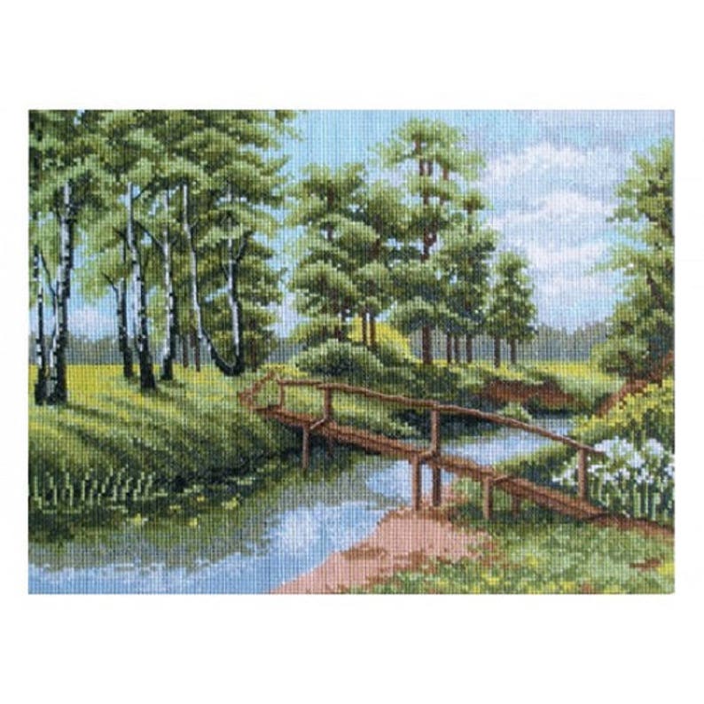 Nature cross stitch kit, Forest landscape embroidery kit with counted pattern 'River in summer' DIY housewarming gift image 10