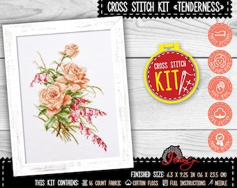 Pink roses cross stitch kit, Flowers embroidery kit for intermediate or advanced 'Tenderness' Handmade kitchen wall decor, Cross stitch gift