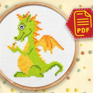 Cute green little dragon cross stitch counted pattern - Baby animal embroidery design for nursery decor - Instant download in PDF