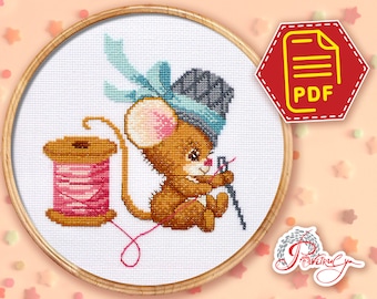 Animal cross stitch mouse pattern, Cute embroidery design for beginners - Download in PDF