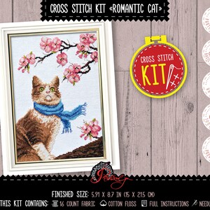 Romantic cat cross stitch kit, Easy counted pattern, Do it yourself embroidery kit, Cat lover gift for home decor, Spring theme