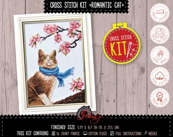 Romantic cat cross stitch kit, Easy counted pattern, Do it yourself embroidery kit, Cat lover gift for home decor, Spring theme