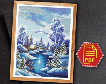 May include: A cross-stitch pattern featuring a winter scene with a river, trees, and a small house in the distance. The sky is blue with white clouds, and the trees are covered in snow. The river is frozen and covered in snow.