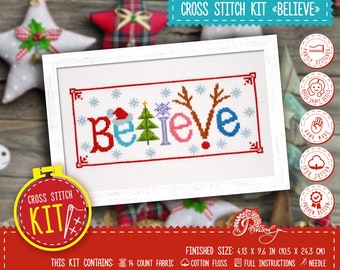 Christmas cross stitch kit 'BELIEVE' with counted pattern - DIY winter holidays ornaments