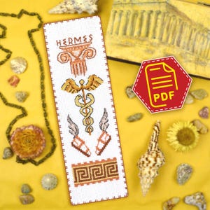 Lesezeichen Kreuzstichvorlage "Hermes" Gott des Handels und des Glücks Stickdatei für Fächer der griechischen Mythologie als PDF zum Downloaden."