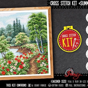 Summer forest cross stitch kit for adults, Modern landscape embroidery kit with counted pattern - DIY home wall decor in living room