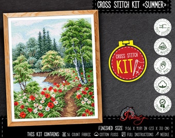 Summer forest cross stitch kit for adults, Modern landscape embroidery kit with counted pattern - DIY home wall decor in living room