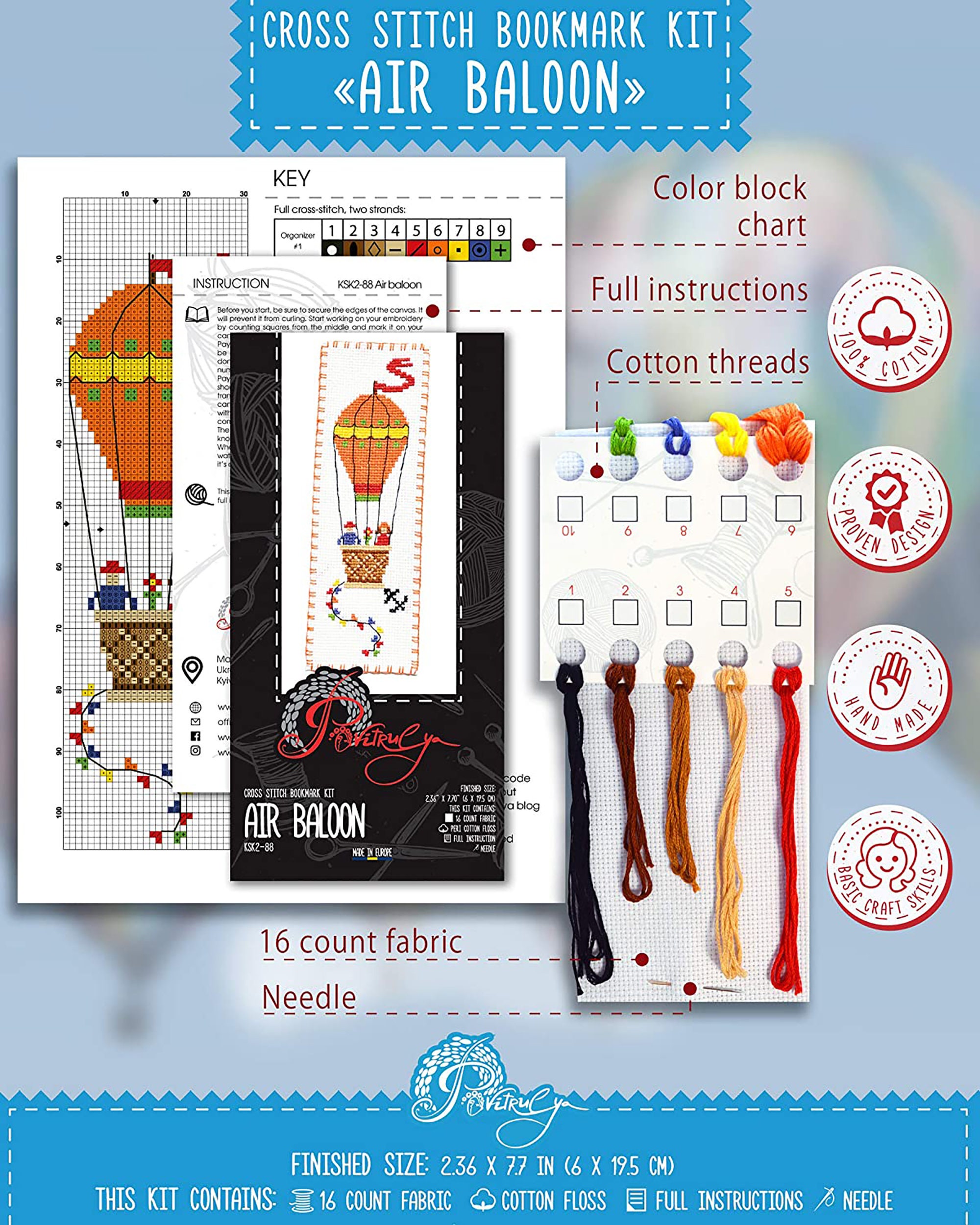 Hot Air Balloon Cross Stitch Bookmark Kit, Travel Embroidery Kit