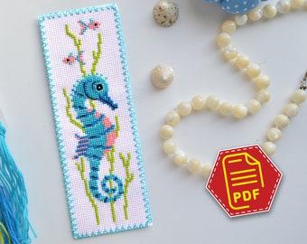 Cute Seahorse Cross Stitch Pattern, Ocean Embroidery Design for Handmade Bookmark &#39;Under the Sea&#39; - Download  in PDF