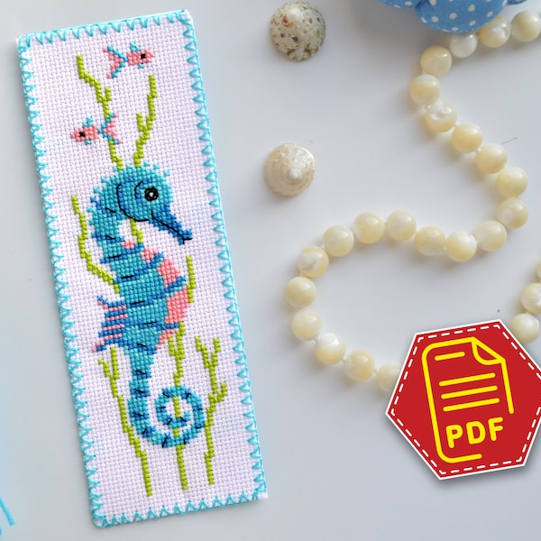 Cute Seahorse Cross Stitch Pattern, Ocean Embroidery Design for Handmade Bookmark 'Under the Sea' - Download  in PDF