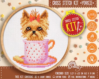Yorkshire terrier cross stitch kit, Cute puppy embroidery kit for beginners with easy counted pattern Yorkie, Do It Yourself dog lover gift