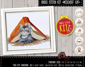 Mischief Cat cross stitch kit, Easy counted pattern, Grey kitten, Animal embroidery kit, Pet gifts, Do it yourself gift for cat lover