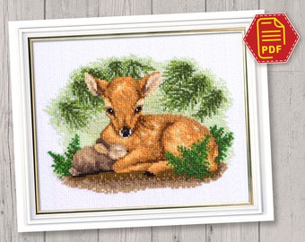 Christmas deer cross stitch pattern Cute Fawn in forest - Animal embroidery design for adults and kids - Download in PDF
