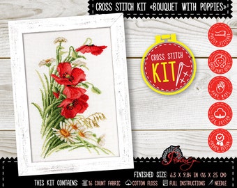 May include: Cross stitch kit featuring a bouquet of red poppies and white daisies. The kit includes 16 count fabric, cotton floss, full instructions, and a needle. The finished size is 6.3 inches by 9.84 inches.