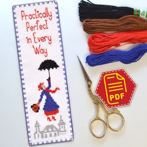 Puede incluir: Marcador de página de punto de cruz con una mujer sosteniendo un paraguas con el texto "Practically Perfect in Every Way". El marcador de página es blanco con bordado azul, rojo y gris. La imagen incluye un juego de hilo de bordar en negro, marrón, rojo y azul.