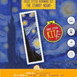 May include: A cross stitch bookmark kit titled The Starry Night featuring a rectangular bookmark with a blue and yellow night sky design. Includes a red circular badge labelled Cross Stitch Kit, 16 count fabric, cotton floss, and a needle.