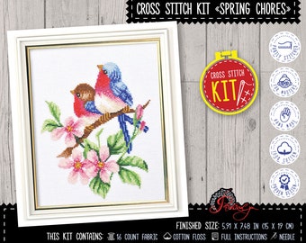 Spring birds cross stitch counted kit, DIY embroidery kit &#39;Spring chorus&#39; for adults and kids