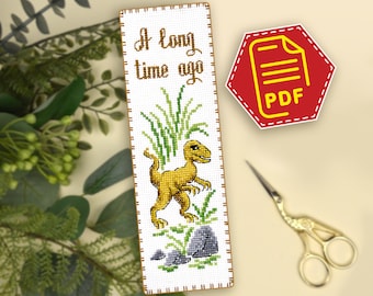 Patrón de punto de cruz de dinosaurio 'Velociraptor' - Diseño de bordado moderno para marcapáginas hecho a mano - Descargar en PDF