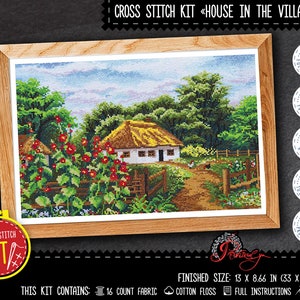 Cob house cross stitch kit, Village landscape embroidery kit with counted pattern for experienced needleworkers - DIY farmhouse home decor