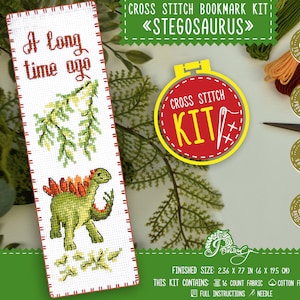 Kids cross stitch kit &#39;Stegosaurus Dinosaur&#39; - DIY embroidery bookmark kit - Dinosaurs fan gift