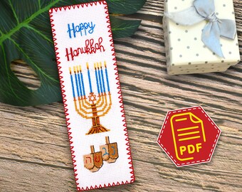 Happy Hanukkah cross stitch bookmark pattern - Holiday embroidery design - Download in PDF