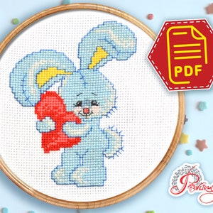 Bunny in Love cross stitch pattern for beginners - DIY Valentine&#39;s Day gift - Instant download in PDF