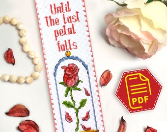 Until the Last Petal Falls - Red Rose In Glass Dome cross stitch bookmark pattern PDF - Romantic holiday embroidery - DIY Valentine day gift