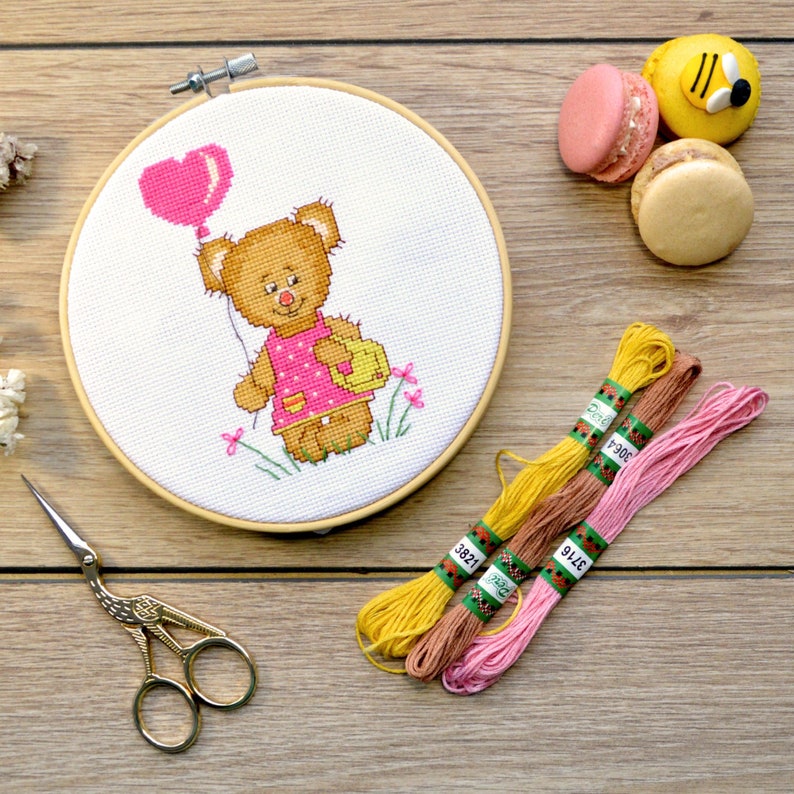 I love you Cross stitch kit Teddy Bear girl DIY Valentines gift