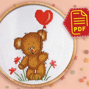 Teddy bear cross stitch counted pattern for beginners embroidery - DIY Valentine&#39;s Day gift - Instant Download in PDF
