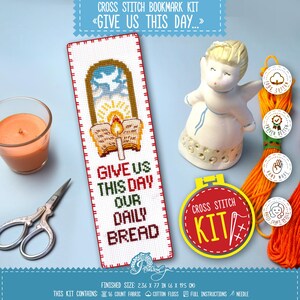 Bibelbokmärke Korsstygnskit - Ge oss i dag vårt dagliga bröd - med bönecitat Matteus 6:11 - DIY Bibelbroderipresent till henne