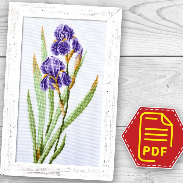 Blue Irises cross stitch pattern, Spring flowers embroidery design for adults and kids - DIY Mother's Day gift - Instant Download in PDF