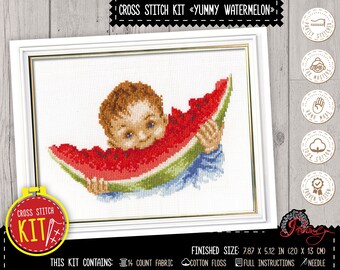 Cross stitch kit 'Yummy Watermelon' Cute summer embroidery kit with funny counted pattern - DIY farmhouse watermelon decor for kitchen