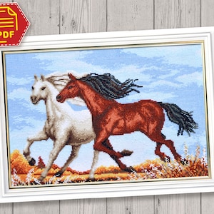 Running Horses Picture Cross Stitch Counted Pattern in PDF - Animal Embroidery Design for Advanced Needlework - DIY horse lover gifts