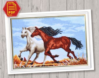 Padrão de ponto cruz com imagem de cavalos correndo em PDF - Design de bordado animal para bordado avançado - Presentes DIY para amantes de cavalos