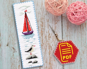 Modern cross stitch bookmark pattern 'Sailboat' Summer mood embroidery design - Instant download in PDF