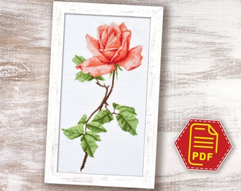 Modern cross stitch pattern Pink Rose, Flower embroidery design for adults and kids - DIY Mother's Day gift - Instant download in PDF