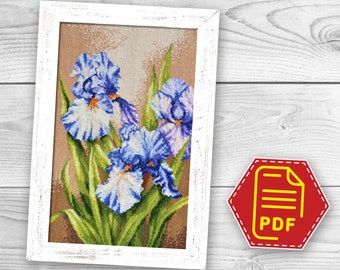 Spring flowers counted cross stitch pattern 'Blue Irises' for advanced needleworkers - Instant Download in PDF