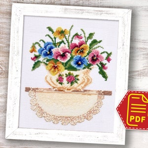 Spring flower bouquet cross stitch pattern &#39;Pansies in a porcelain vase&#39; - Instant Download in PDF