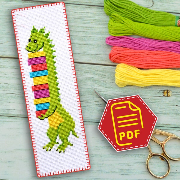 Green dragon cross stitch bookmark pattern, Green dinosaur embroidery design - Download in PDF